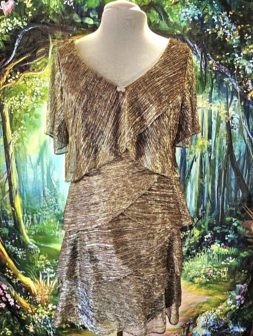 💛✨️ SLNY S.L. Fashions Metallic Gold Night Out Tinsel Ruffle Dress Size 8